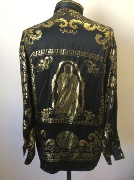 JOEY RICHI, Black, Gold, Silk, Polyester, Leaves/Vines , Abstract , Black with Gold Metallic Baroque Leaves, Ornate Pattern, Biblical Scene in Back with Jesus, Angels, Etc, Long Sleeve Button Front, Collar Attached, 1990's