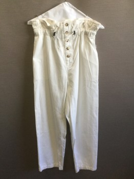 Womens, Casual Pants, URBAN OUTFITTERS, White, Cotton, Solid, S, Twill, Paper Back Waist with Drawstring Ties, 5 Marbled Brown/Tan Buttons at Front, Full Leg Tapered Slightly at Hem, Retro 80's Look