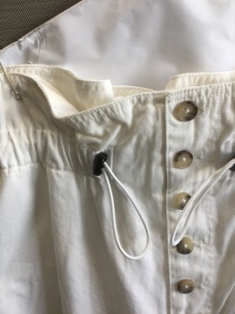 URBAN OUTFITTERS, White, Cotton, Solid, Twill, Paper Back Waist with Drawstring Ties, 5 Marbled Brown/Tan Buttons at Front, Full Leg Tapered Slightly at Hem, Retro 80's Look