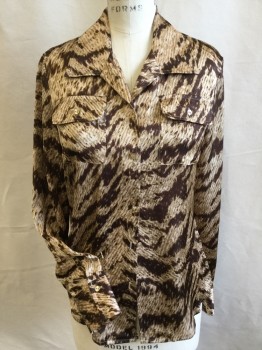JONES NY, Brown, Khaki Brown, Beige, Polyester, Animal Print, Collar Attached, 2 Pockets with Flap, Long Sleeves,