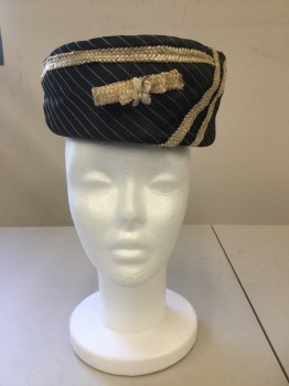 NL, Black, Cream, Synthetic, Stripes, Solid, Pill Box Hat Black & White Pin Stripe Sides with Hairy Textured Crown. Cream Straw Trim with Straw Boys Detail at Center Front, with Tiny Silk Flower,