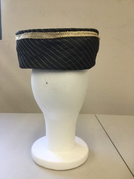 NL, Black, Cream, Synthetic, Stripes, Solid, Pill Box Hat Black & White Pin Stripe Sides with Hairy Textured Crown. Cream Straw Trim with Straw Boys Detail at Center Front, with Tiny Silk Flower,