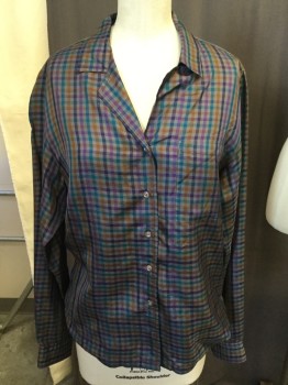 ROYAL SILK, Gray, Teal Blue, Navy Blue, Purple, Orange, Silk, Plaid - Tattersall, Button Front, Collar Attached, Long Sleeves, Patch Chest Pocket