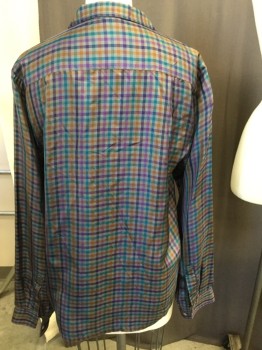 ROYAL SILK, Gray, Teal Blue, Navy Blue, Purple, Orange, Silk, Plaid - Tattersall, Button Front, Collar Attached, Long Sleeves, Patch Chest Pocket