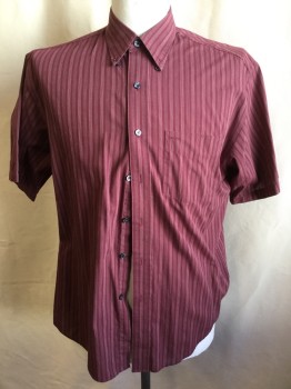 VAN HEUSEN, Maroon Red, White, Lt Gray, Cotton, Polyester, Stripes - Vertical , Collar Attached, Button Down, Button Front, 1 Pocket, Ss