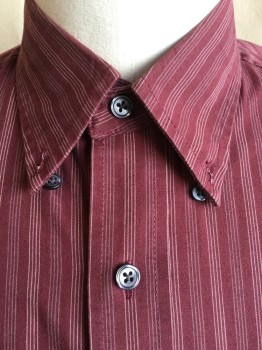 VAN HEUSEN, Maroon Red, White, Lt Gray, Cotton, Polyester, Stripes - Vertical , Collar Attached, Button Down, Button Front, 1 Pocket, Ss
