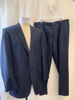 HUGO BOSS, Navy Blue, Blue, Wool, Stripes - Pin, Notched Lapel, Single Breasted, Button Front, 2 Buttons, 3 Pockets