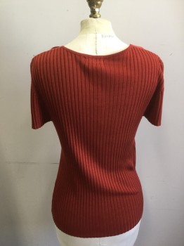 RQT, Rust Orange, Acrylic, Solid, Ribbed Knit, Short Sleeves, Scoop Neck with Rust Plastic Circles and Metal Stud Detail