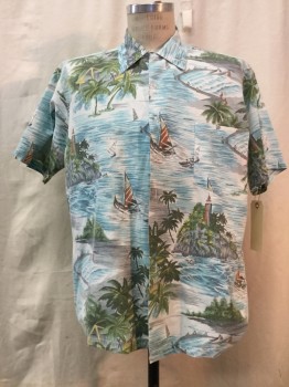 KENNINGTON, White, Blue, Green, Gray, Multi-color, Cotton, Tropical , Button Front, Collar Attached, Short Sleeves, 1 Pocket,