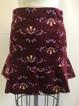 Womens, Skirt, Mini, FREE PEOPLE, Red Burgundy, Dusty Pink, Almond, Navy Blue, Cotton, Spandex, Floral, W24, 0, H32, Corduroy, Side Invisible Zipper, No Waistband, Ruffle at Hem
