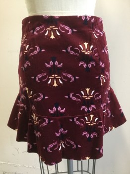 Womens, Skirt, Mini, FREE PEOPLE, Red Burgundy, Dusty Pink, Almond, Navy Blue, Cotton, Spandex, Floral, W24, 0, H32, Corduroy, Side Invisible Zipper, No Waistband, Ruffle at Hem