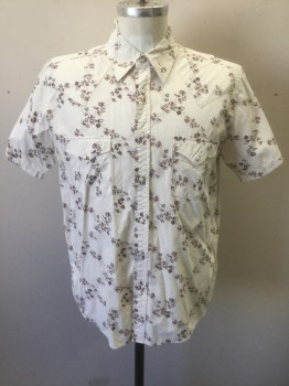 ELLINGTON FOUND, Off White, Brown, Orange, Cotton, Floral, Abstract , Off White with Speckled Abstract Floral Stripes Forming a Diamond Pattern, Short Sleeves, Snap Front, Collar Attached, White and Silver Snaps, 2 Pockets with Snap Closures, Western Style Yoke