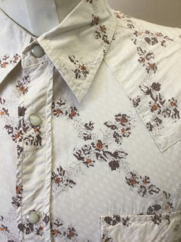 Mens, Western, ELLINGTON FOUND, Off White, Brown, Orange, Cotton, Floral, Abstract , M, Off White with Speckled Abstract Floral Stripes Forming a Diamond Pattern, Short Sleeves, Snap Front, Collar Attached, White and Silver Snaps, 2 Pockets with Snap Closures, Western Style Yoke