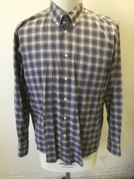 BARBOUR, Gray, Dk Gray, Yellow, Red, Cotton, Plaid, Long Sleeve Button Front, Collar Attached, Button Down Collar, 1 Pocket