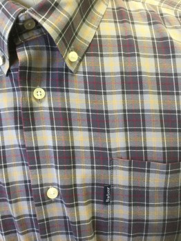 BARBOUR, Gray, Dk Gray, Yellow, Red, Cotton, Plaid, Long Sleeve Button Front, Collar Attached, Button Down Collar, 1 Pocket