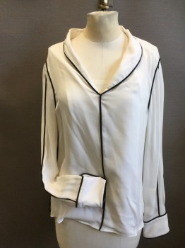 BARNEY'S, White, Black, Silk, Solid, Pullover, Shawl Collar, Long Sleeves, Cuffs, Black Piping Trim, Black Piping Down Center Front and Down Sleeves