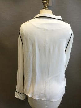 BARNEY'S, White, Black, Silk, Solid, Pullover, Shawl Collar, Long Sleeves, Cuffs, Black Piping Trim, Black Piping Down Center Front and Down Sleeves