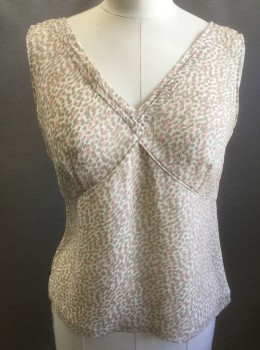 ANN TAYLOR, Cream, Taupe, Lt Pink, Silk, Abstract , Cream with Taupe and Light Pink Painterly Spots, Sleeveless, V-neck, Pointed Empire Waist Seam, Invisible Zipper at Side
