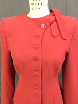Womens, Blazer, ARMANI, Red, Wool, Silk, Solid, 6, 38, Vintage 40's Look. 7 Button Front Closure. Long Sleeves, Self Side Tie at Crew Neck Left Front, Princess Line Cut