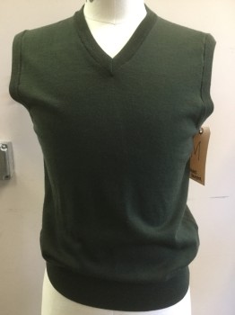 Mens, Sweater Vest, BROOKS BROTHERS, Dk Green, Wool, Solid, M, V-neck, Pull Over