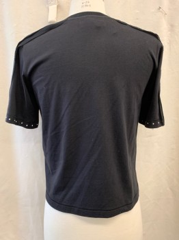 PHILLIP LIM, Black, Cotton, Crew Neck, Pullover, Short Sleeves, Silk Layered Fabric Trim & Zipper on Shoulder/Sleeves, Small Round Studs Along Cuff