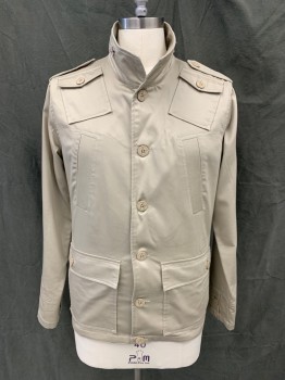 Mens, Casual Jacket, KANE & UNKE, Beige, Cotton, Polyester, Solid, L, Field Jacket, Button Front, Stand Collar, 6+ Pockets, Button Epaulets, Long Sleeves, Button Cuff, 1 Back Flap Pocket