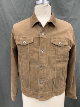 Mens, Casual Jacket, J. CREW, Brown, Cotton, Elastane, Solid, XL, Corduroy, Button Front, Collar Attached, Yoke, 4 Pockets, Button Cuff, Button Tab Back Waist