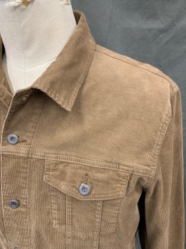 Mens, Casual Jacket, J. CREW, Brown, Cotton, Elastane, Solid, XL, Corduroy, Button Front, Collar Attached, Yoke, 4 Pockets, Button Cuff, Button Tab Back Waist