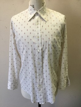 Mens, Dress Shirt, N/L, White, Brown, Poly/Cotton, Rectangles, Slv:33, N:15, Long Sleeve Button Front, Collar Attached, 1 Patch Pocket,