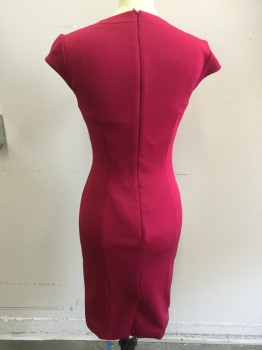 KAREN MILLEN, Raspberry Pink, Viscose, Polyamide, Solid, V-neck, Cap Sleeves, Center Back Zipper, Heavy Weight Knit, Design Style Lines at Waist