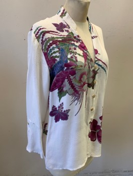 CITRON, White, Plum Purple, Sage Green, Olive Green, Silk, Floral, Oversized Floral and Birds Pattern, Floral Texture, 3/4 Sleeves, Button Front with Loop Closures, Band Collar with V Notch at Center Front, Boxy Fit