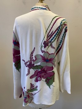 CITRON, White, Plum Purple, Sage Green, Olive Green, Silk, Floral, Oversized Floral and Birds Pattern, Floral Texture, 3/4 Sleeves, Button Front with Loop Closures, Band Collar with V Notch at Center Front, Boxy Fit
