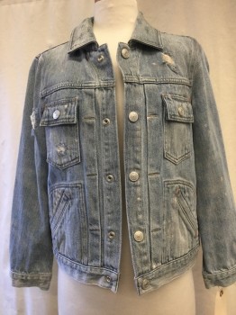 MARC JACOBS, Blue, Cotton, Solid, Button Front, Collar Attached, 4 Pockets, Lightly Distressed