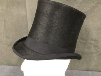 KAMINSKY, Black, Fur, Top Hat, 1" Wide Faille Band and Edging at Brim, 6" Tall Narrow Crown, Rolled Side Brim