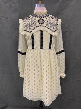 Womens, Dress, Long & 3/4 Sleeve, TOPSHOP, Cream, Silver, Viscose, Polyester, Dots, 2, Sheer Cream with Silver Dots Over Solid Cream Slip, Embellished Yoke with Beading and Ruffle Trim, Ruffle Collar, Black Lace Vertical Stripes Down Front, Zip Back, Long Sheer Sleeves with Button Cuff, Black Lace Elbow, Knee Length