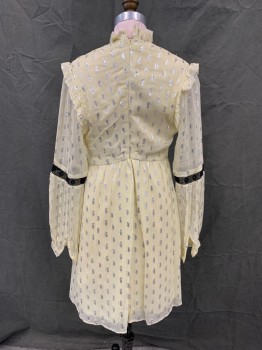 Womens, Dress, Long & 3/4 Sleeve, TOPSHOP, Cream, Silver, Viscose, Polyester, Dots, 2, Sheer Cream with Silver Dots Over Solid Cream Slip, Embellished Yoke with Beading and Ruffle Trim, Ruffle Collar, Black Lace Vertical Stripes Down Front, Zip Back, Long Sheer Sleeves with Button Cuff, Black Lace Elbow, Knee Length