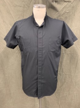 Unisex, Shirt, SUMMER COMFORT, Black, Poly/Cotton, Solid, 16.5, Button Front with Hidden Placket, Short Sleeves, Collar Attached Tacked Down, 2 Pockets, *Missing Collar Button* Priest, Clergy