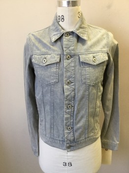 Mens, Jean Jacket, TOPMAN, Lt Gray, Cotton, Faded, Acid Wash, S, Button Front, Collar Attached, 4 Pockets,