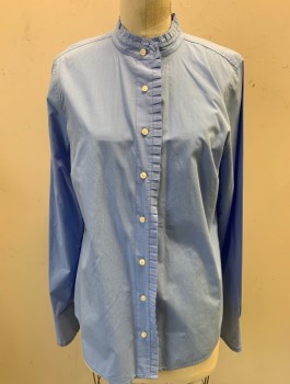 Womens, Blouse, J CREW, Lt Blue, Cotton, Solid, S, Long Sleeves, Button Front, Band Collar with Self Pleated Ruffle, Pleated Ruffle Down Front Button Placket & at Cuffs