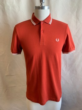 Mens, Polo, FRED PERRY, Orange, White, Cotton, Solid, Stripes, S, Collar Attached, 2 Buttons, Half Placket, Short Sleeves, White Stripes on Collar and Sleeves