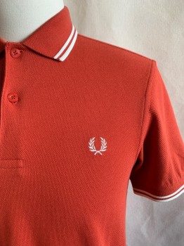 FRED PERRY, Orange, White, Cotton, Solid, Stripes, Collar Attached, 2 Buttons, Half Placket, Short Sleeves, White Stripes on Collar and Sleeves