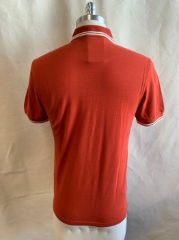 FRED PERRY, Orange, White, Cotton, Solid, Stripes, Collar Attached, 2 Buttons, Half Placket, Short Sleeves, White Stripes on Collar and Sleeves