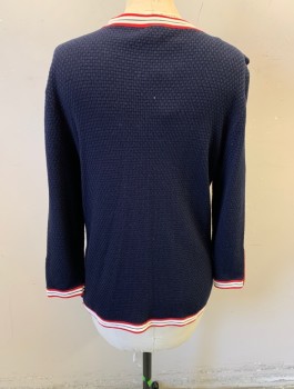 Womens, Sweater, TALBOTS, Navy Blue, Red, Cream, Cotton, Rayon, Basket Weave, S, Textured Knit, Scoop Neck, Red and Cream Trim, Pearl Buttons, 2 Welt Pockets