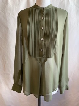 BANANA REPUBLIC, Moss Green, Polyester, Solid, Chiffon, Pin Tuck Pleated Bib, 1/2 Button Front, Band Collar, Long Sleeves, Button Cuff