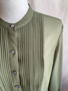 Womens, Blouse, BANANA REPUBLIC, Moss Green, Polyester, Solid, XS, Chiffon, Pin Tuck Pleated Bib, 1/2 Button Front, Band Collar, Long Sleeves, Button Cuff