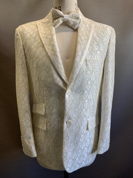BLU MARTINI, White, Gold, Polyester, Floral, 2 Buttons, Single Breasted, Peaked Lapel, 3 Pockets, Gold Detail