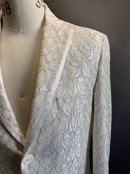 BLU MARTINI, White, Gold, Polyester, Floral, 2 Buttons, Single Breasted, Peaked Lapel, 3 Pockets, Gold Detail