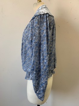 Womens, Blouse, ZADIG & VOLTAIRE, White, Lt Blue, Black, Polyester, Paisley/Swirls, W 28, M, Stand Collar, Piped Yoke, Surplice V-neck, Elastic Waist with Ruffle, Long Sleeves Rouched at Forearms, Velor Laser Cut Design