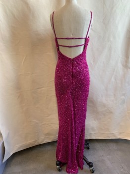 Womens, Evening Gown, NO LABEL, Magenta Pink, Synthetic, Sequins, Solid, W 25, 34, Sequinned and Beaded All Over, Spaghetti Straps, V-neck, Low Open Back with Two Decorative Straps