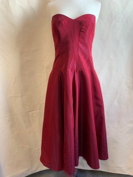 Womens, Cocktail Dress, NICOLE MILLER, Iridescent Red, Acetate, Polyester, Solid, 6, Strapless Sweetheart, Large Flare Panelled Skirt, Zip Back with Bow